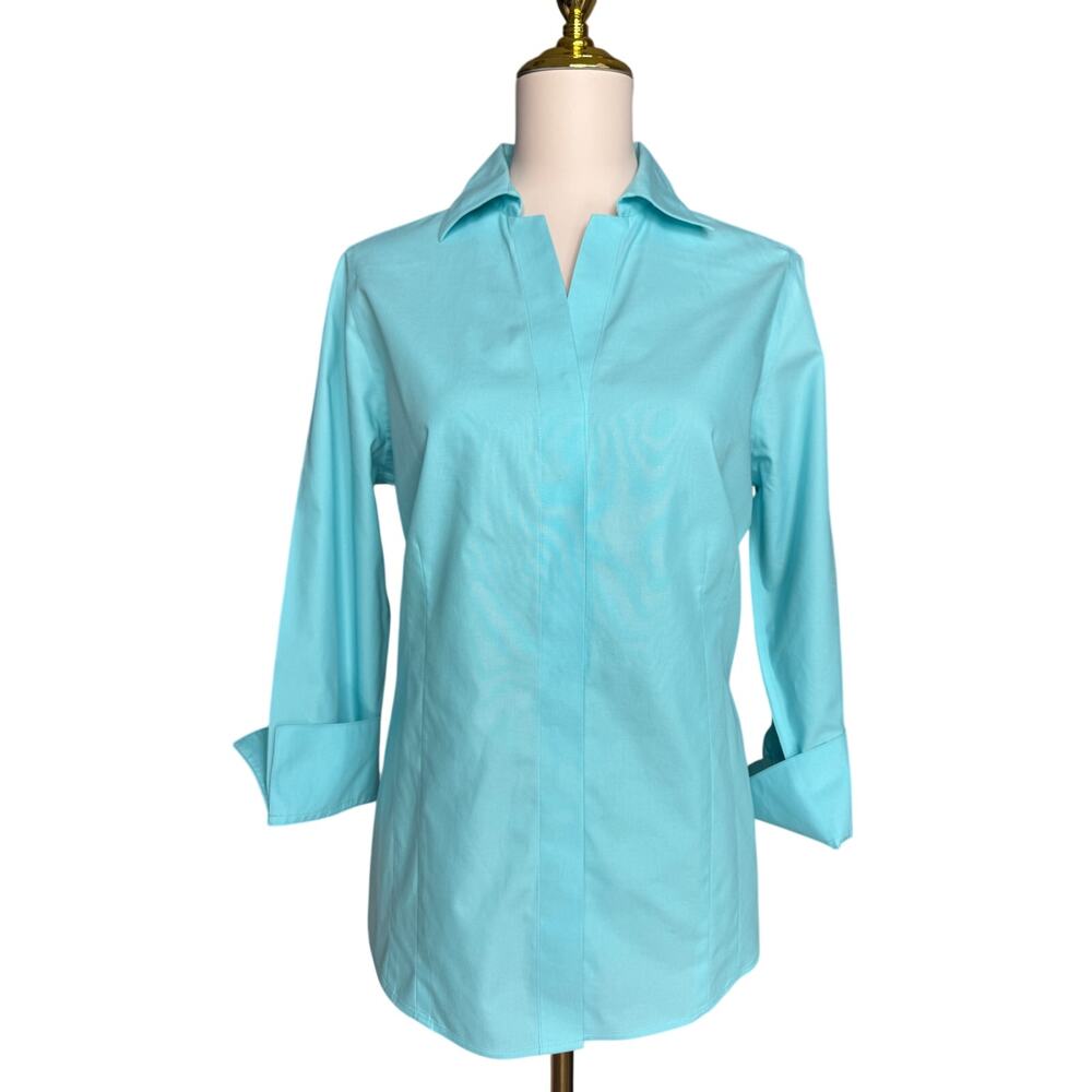 Foxcroft Aqua Blue Cotton Tunic Blouse Split Neck Roll Tab Sleeve Size Medium